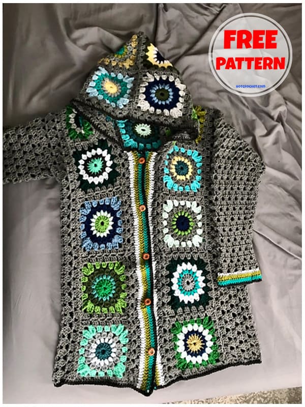 Pockets hooded crochet granny square cardigan