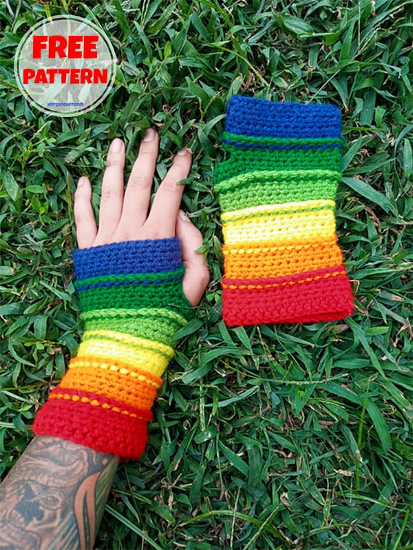 Colorwork rainbow crochet fingerless gloves free pattern (2)