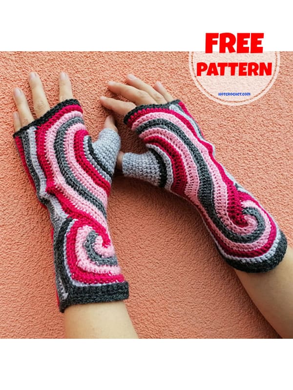 Swirly stylish crochet fingerless gloves free pattern (2)