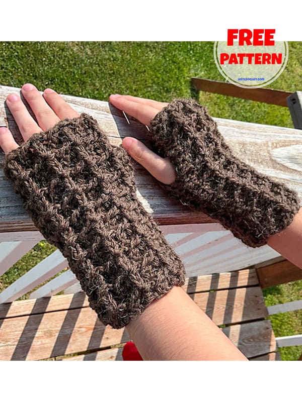 Waffle textured fingerless gloves crochet free pattern (2)