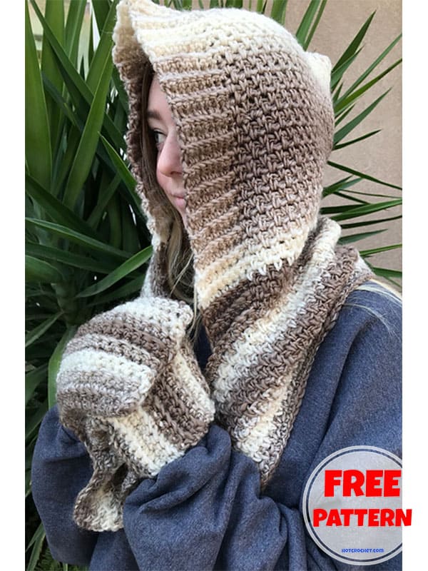 ribbed crochet hooded scarf with pockets